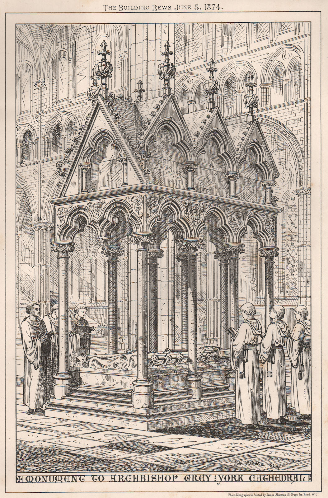 Monument to Archbishop Grey York, Cathedral. Yorkshire 1874 old antique print